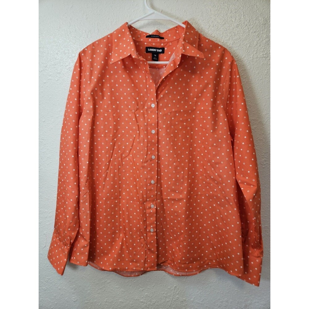 Lands' End Women's No Iron Supima Cotton Orange Dot Print Button-Up Top Size 16